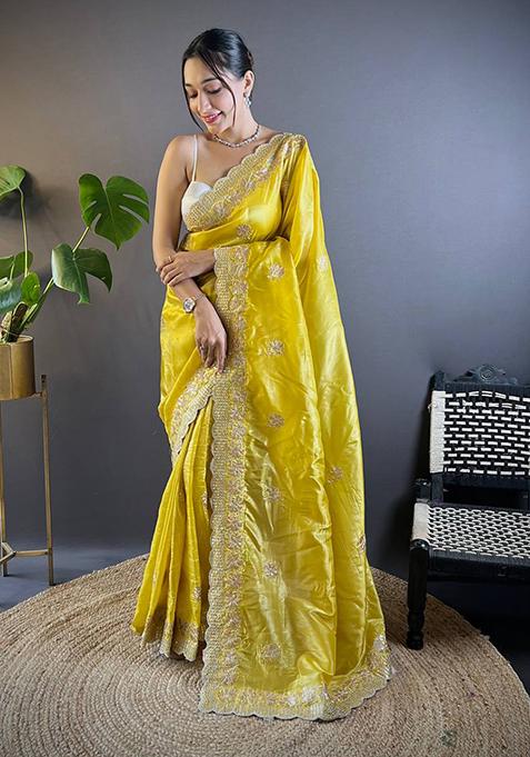 Lemon yellow Solid Golden Crush Saree Set