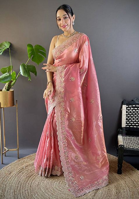 Peach Solid Golden Crush Saree Set