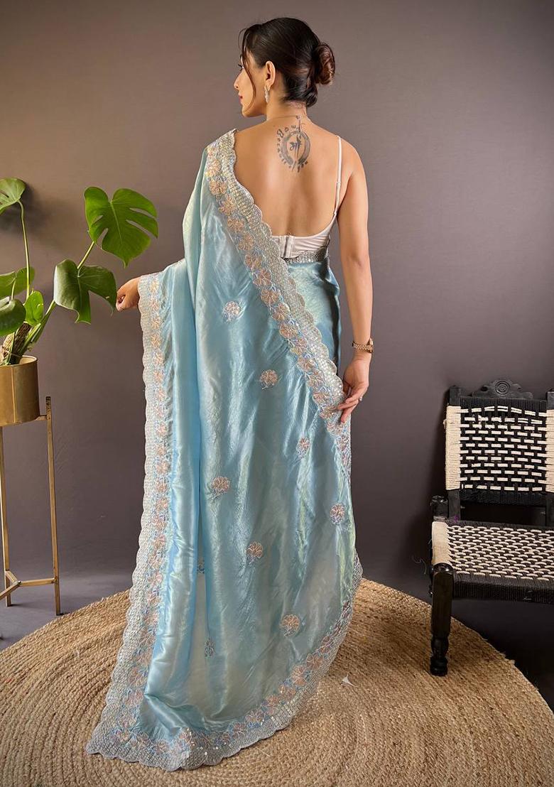 Sky Blue Solid Golden Crush Saree Set
