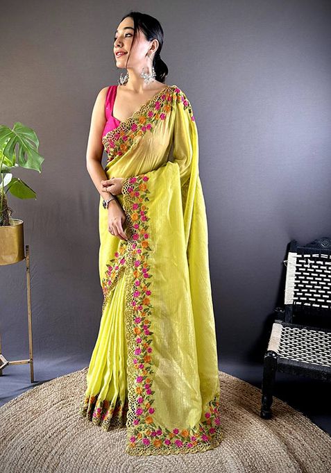 Olive Solid Golden Crush Saree Set