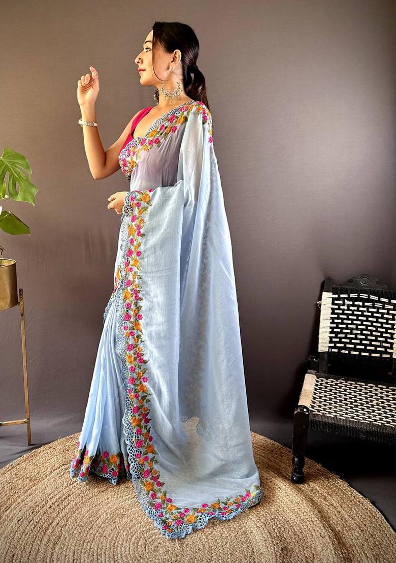 Sky Blue Solid Golden Crush Saree Set