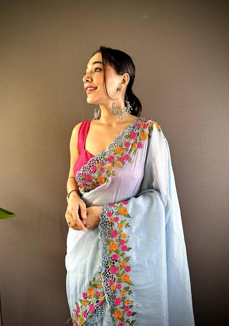 Sky Blue Solid Golden Crush Saree Set