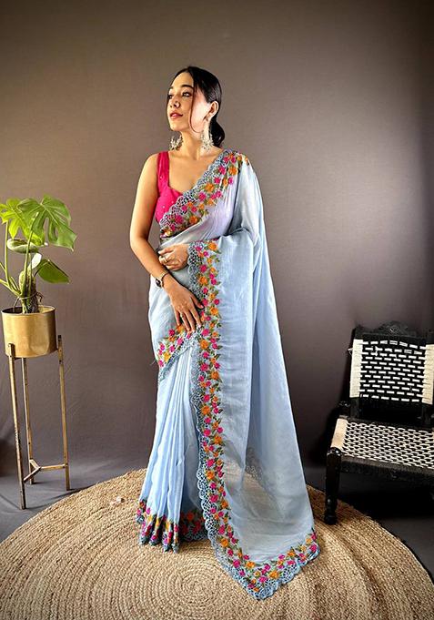 Sky Blue Solid Golden Crush Saree Set