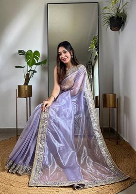 Lavender Solid Silver Tissue Saree Set