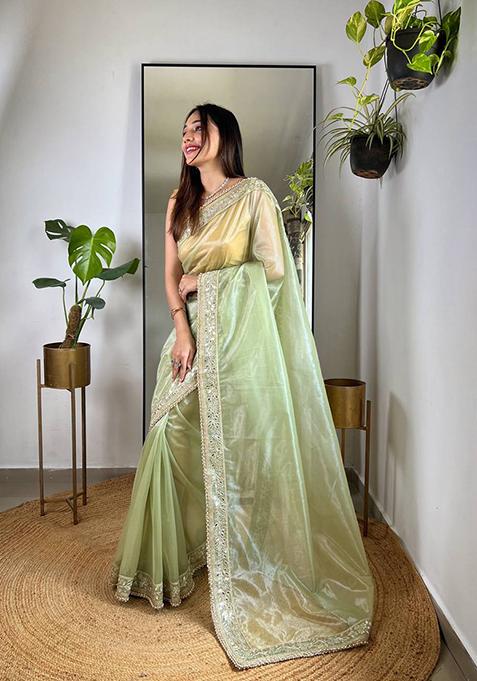 Olive Solid Silver Tissue Saree Set