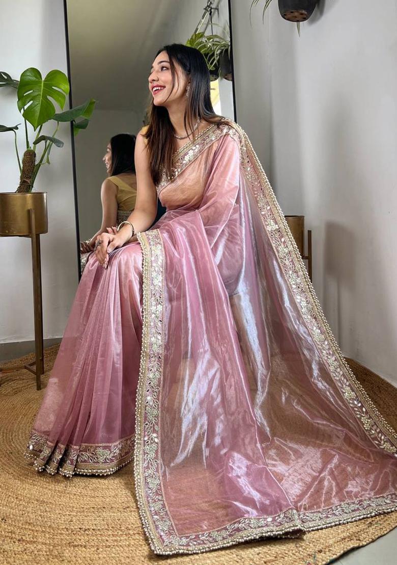 Onion Pink Solid Silver Tissue Saree Set