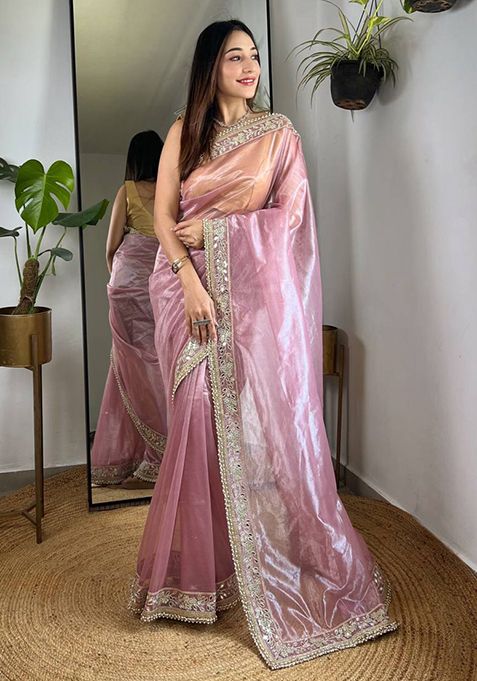 Onion Pink Solid Silver Tissue Saree Set