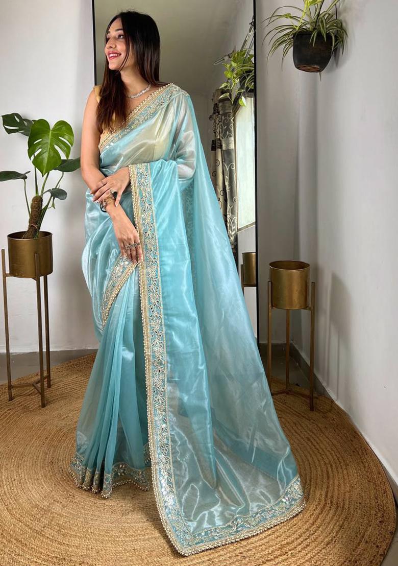 Sky Blue Solid Silver Tissue Saree Set