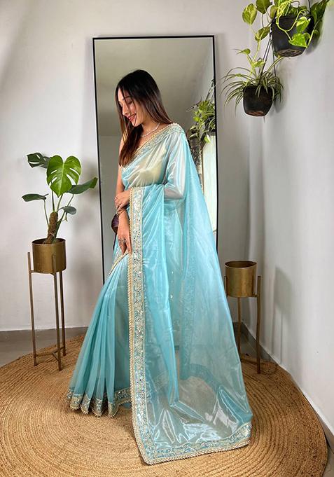 Sky Blue Solid Silver Tissue Saree Set