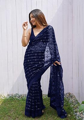 Blue Solid Butterfly Net Saree Set