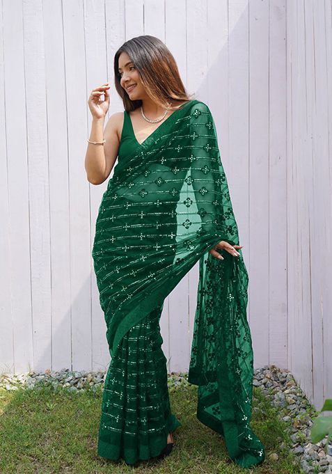 Green Solid Butterfly Net Saree Set