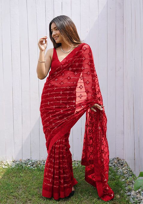 Red Solid Butterfly Net Saree Set