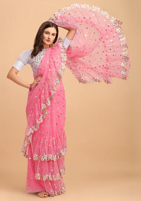 Pink Sequin Embroidered Net Saree Set