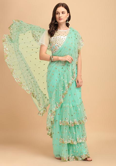 Sky Blue Sequin Embroidered Net Saree Set