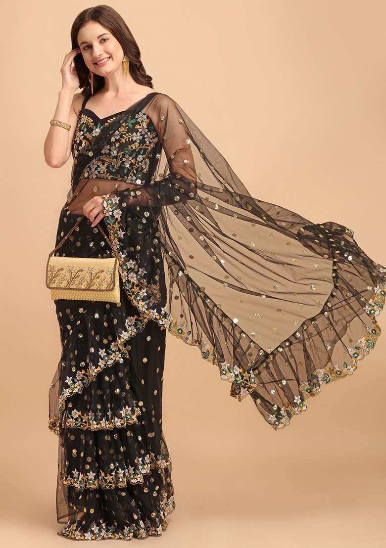 Black Sequin Embroidered Net Saree Set - Indya