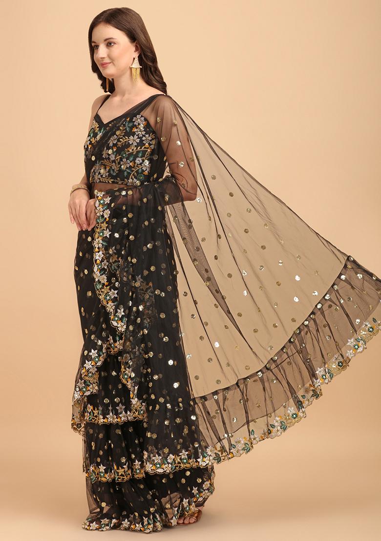 Black Sequin Embroidered Net Saree Set