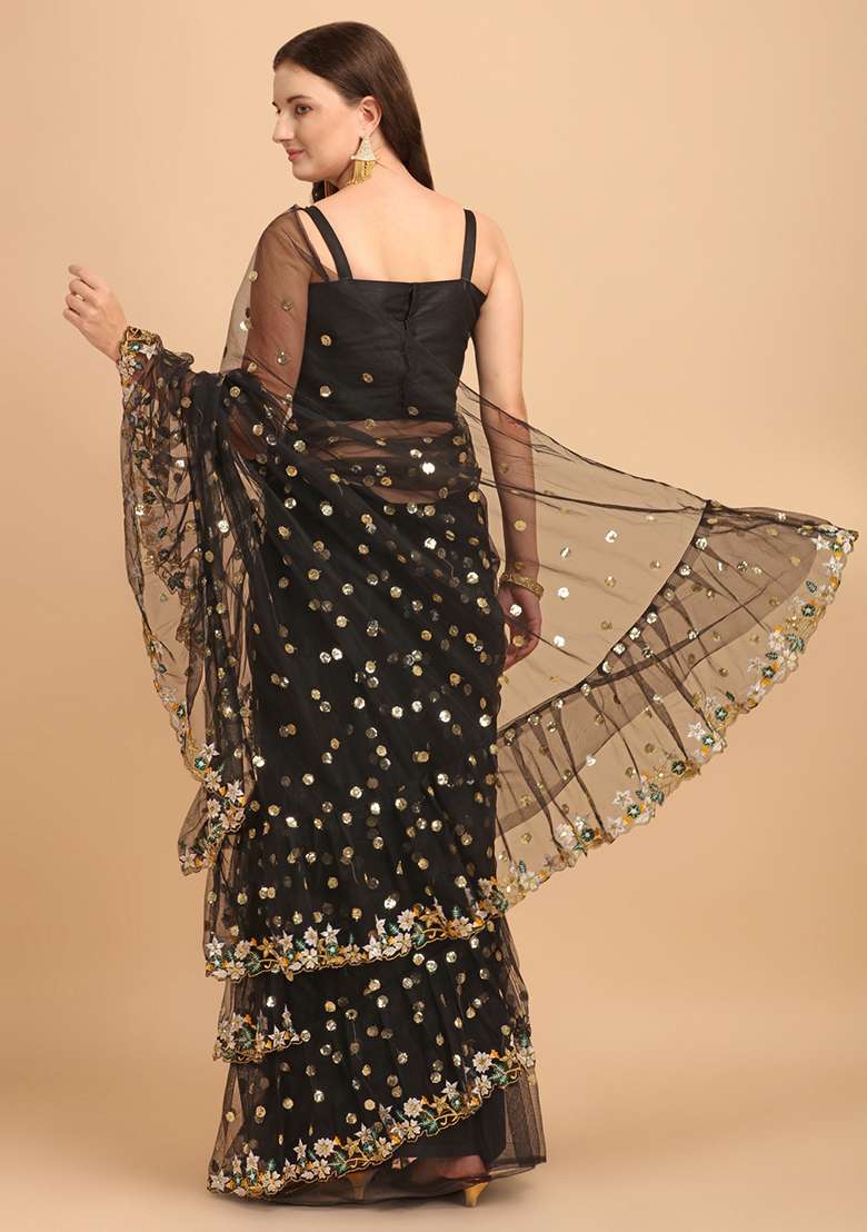 Black Sequin Embroidered Net Saree Set - Indya