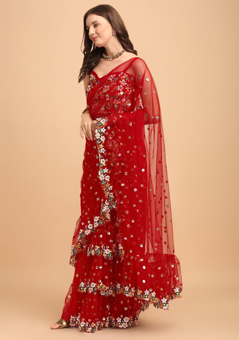 Red Sequin Embroidered Net Saree Set