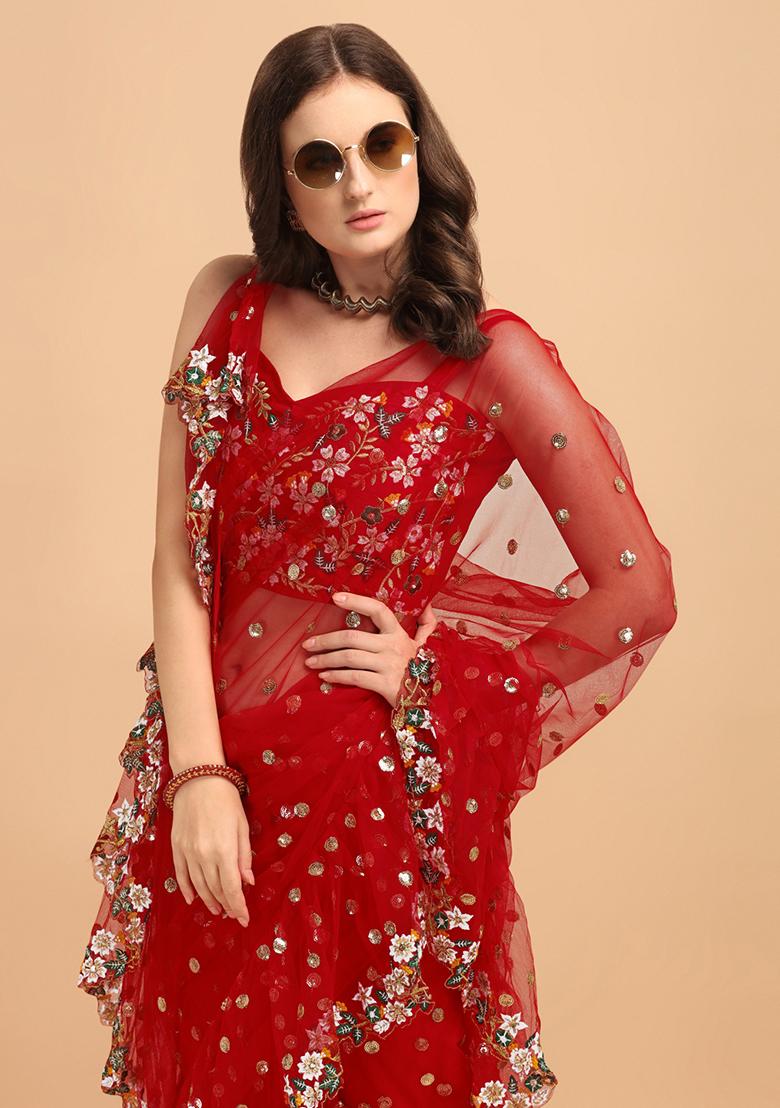 Red Sequin Embroidered Net Saree Set