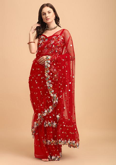 Red Sequin Embroidered Net Saree Set