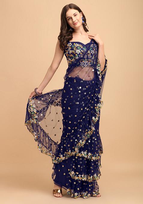 Blue Sequin Embroidered Net Saree Set