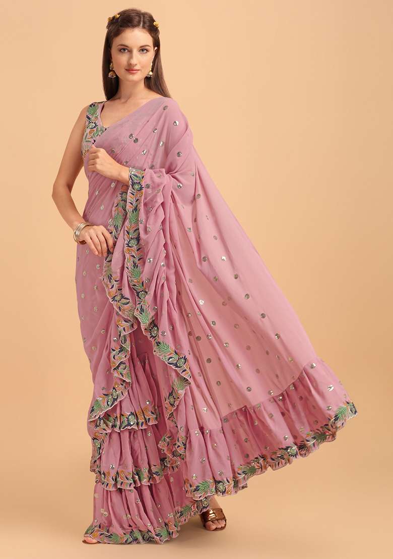 Pink Sequin Embroidered Faux Georgette Saree Set - Indya
