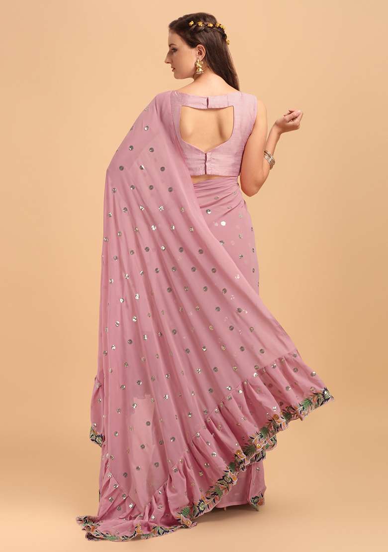 Pink Sequin Embroidered Faux Georgette Saree Set - Indya