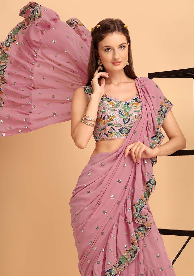 Pink Sequin Embroidered Faux Georgette Saree Set - Indya