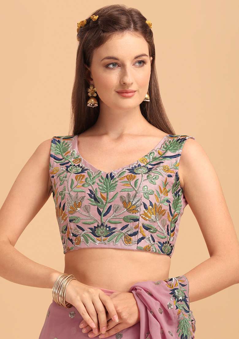 Pink Sequin Embroidered Faux Georgette Saree Set - Indya