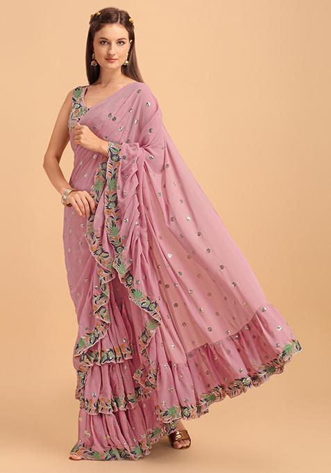 Pink Sequin Embroidered Faux Georgette Saree Set