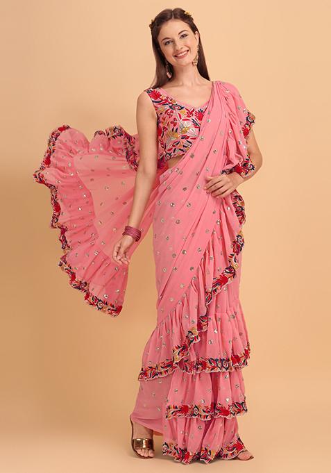 Peach Sequin Embroidered Faux Georgette Saree Set