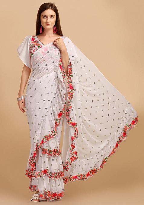 White Sequin Embroidered Faux Georgette Saree Set