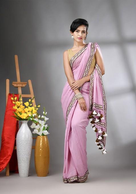 Lavender Embroidered Mulmul Cotton Saree Set