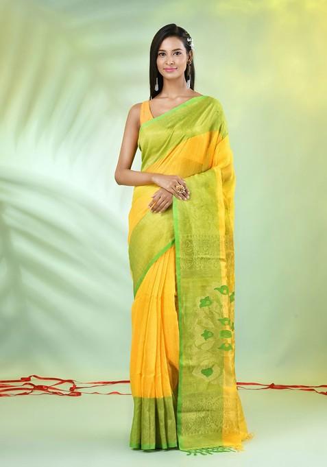 Yellow Woven Cotton Blend Saree Set