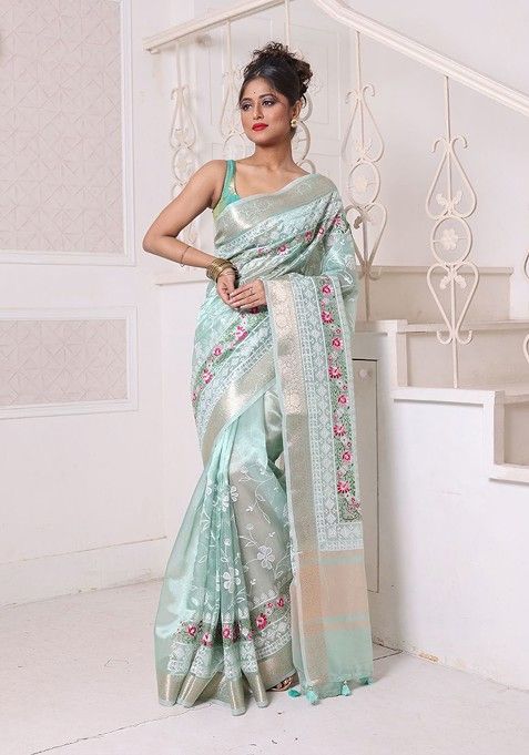 Green Embroidered Tissue Saree Set