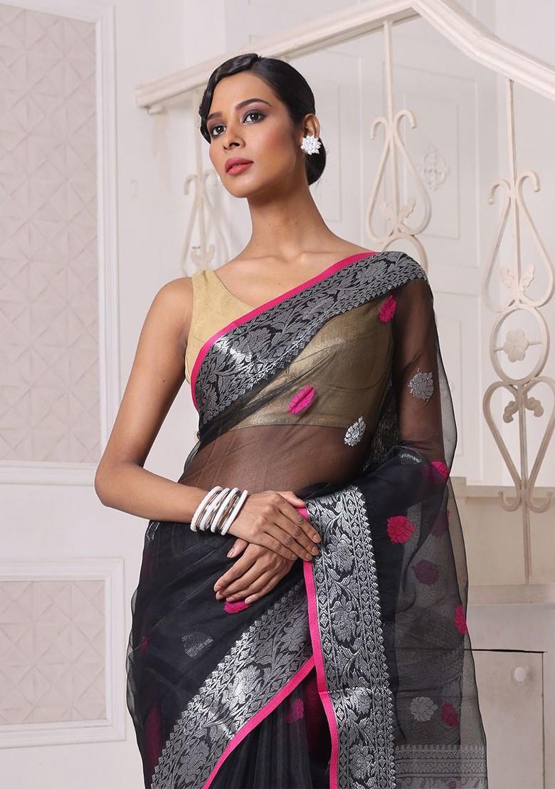 Black Ethnic Motifs Muslin Saree Set