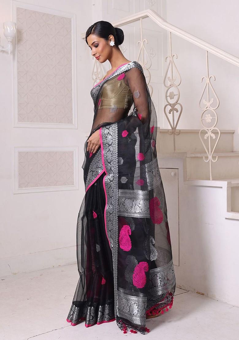 Black Ethnic Motifs Muslin Saree Set