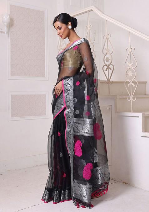 Black Ethnic Motifs Muslin Saree Set
