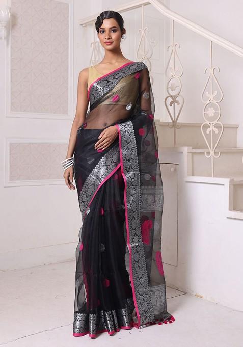 Black Ethnic Motifs Muslin Saree Set