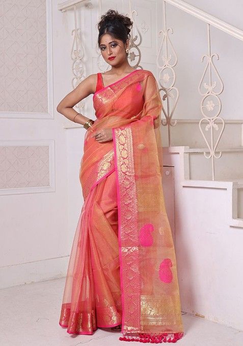 Orange Ethnic Motifs Muslin Saree Set