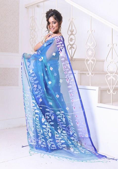 Blue Ethnic Motifs Muslin Saree Set