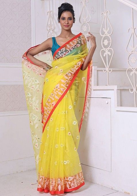 Yellow Ethnic Motifs Muslin Saree Set