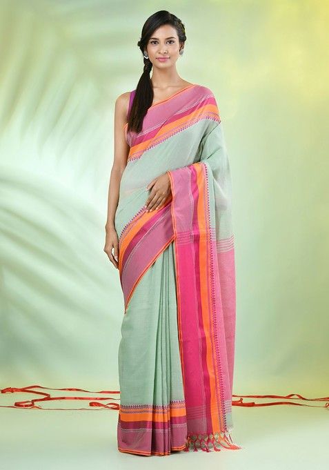 Green Solid Cotton Saree Set