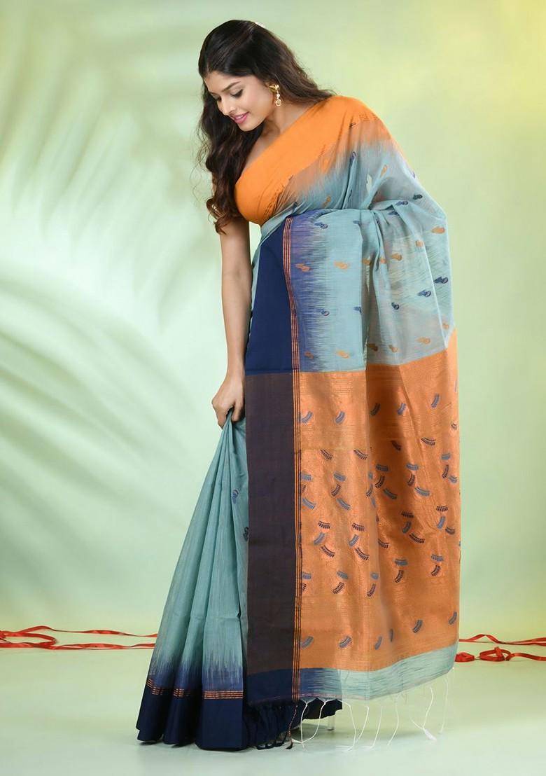 Green Ethnic Motifs Cotton Blend Saree Set