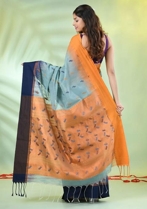 Green Ethnic Motifs Cotton Blend Saree Set