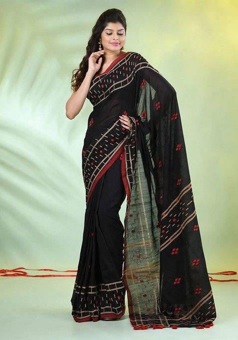 Black Woven Cotton Saree Set