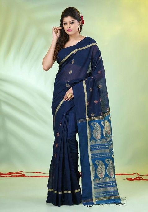 Navy Blue Woven Cotton Blend Saree Set