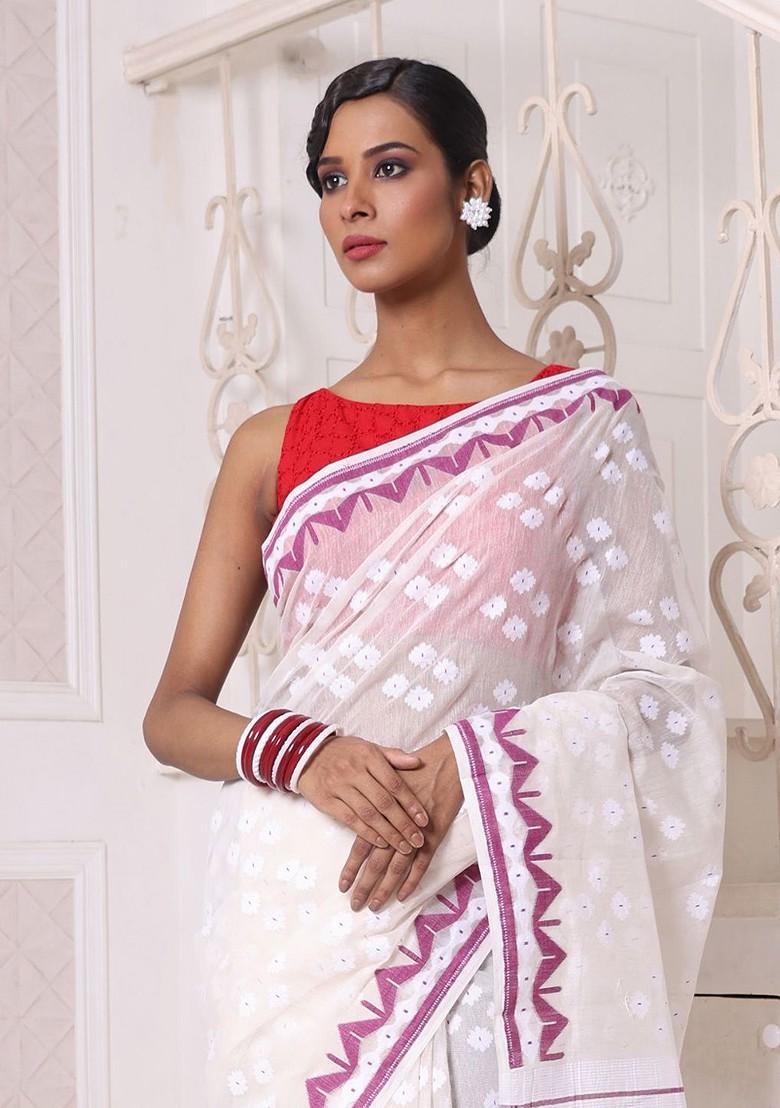 Off White Ethnic Motifs Cotton Jamdani Saree Set