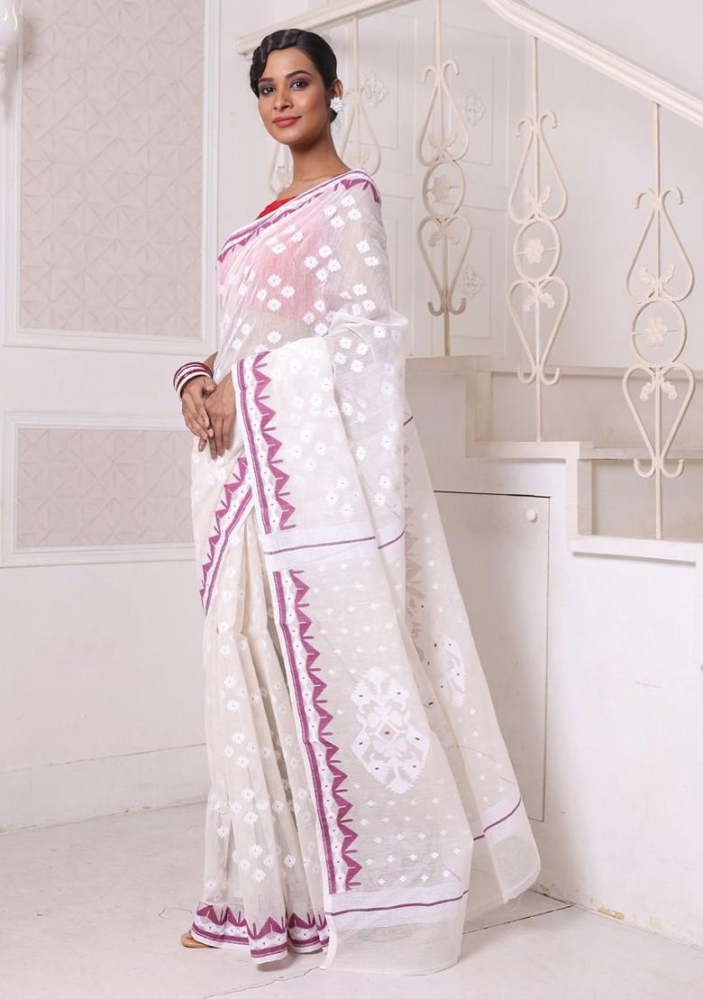 Off White Ethnic Motifs Cotton Jamdani Saree Set