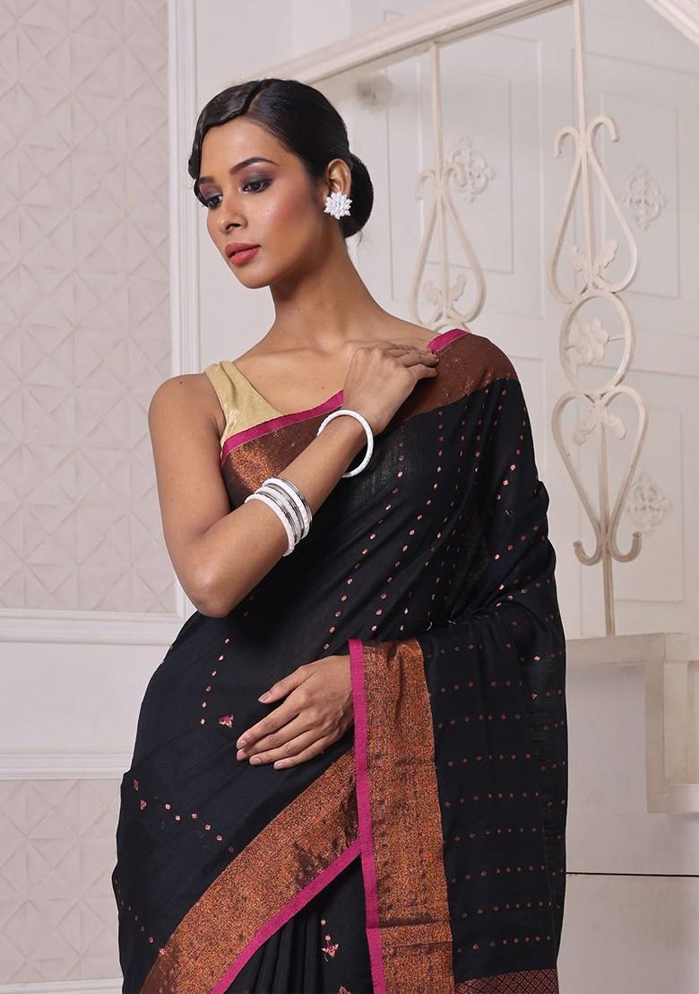 Black Ethnic Motifs Cotton Blend Saree Set